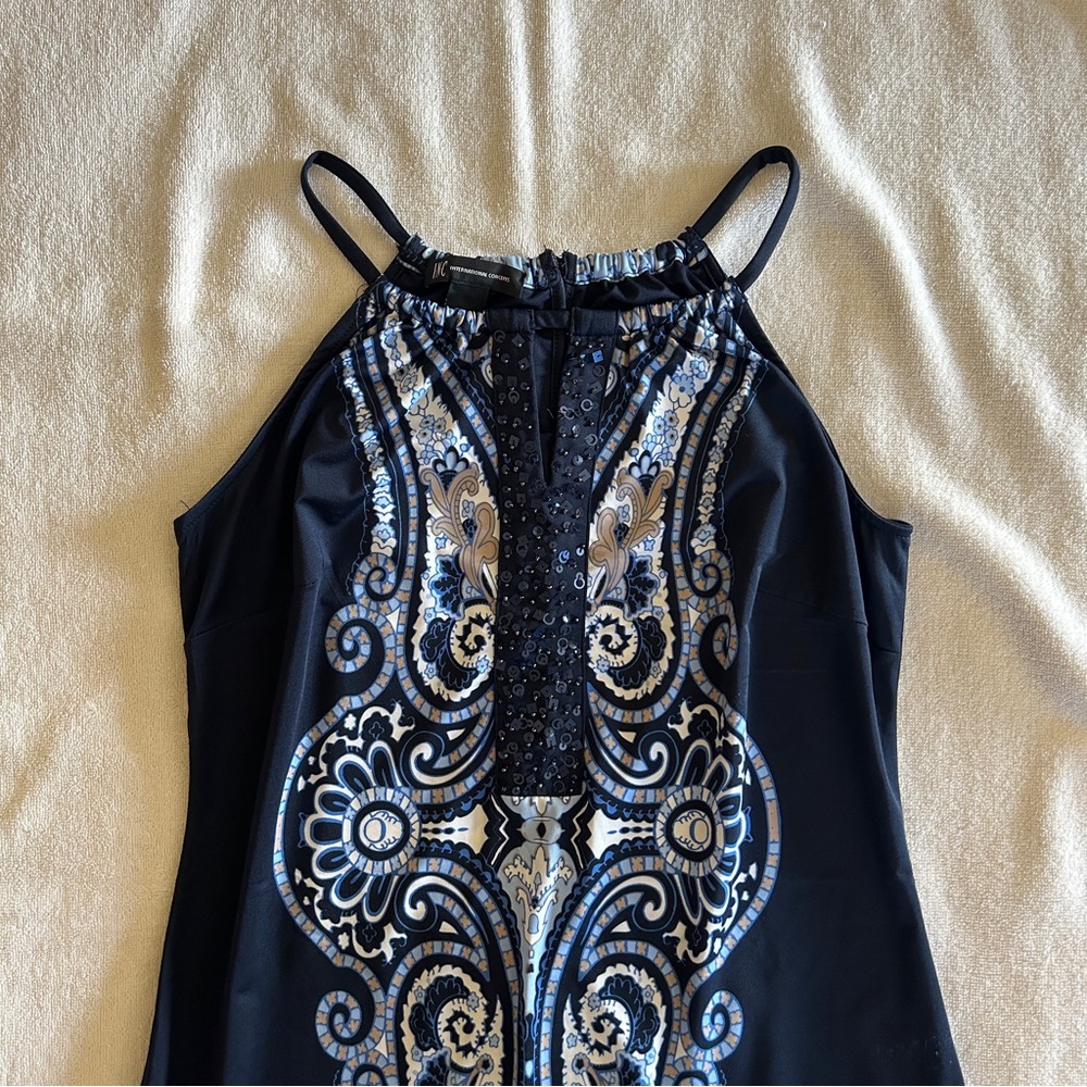 INC Blue and White Bead Embellished Mini Dress